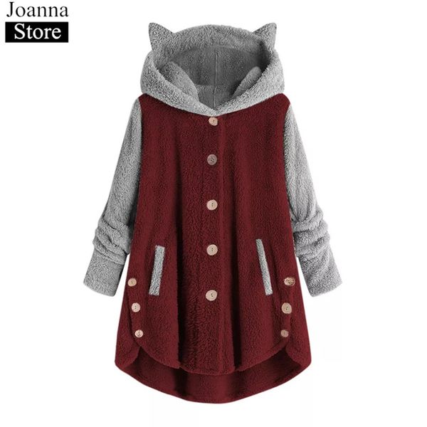 

winter new cat ear hoodie women color matching single-breasted warm plush coat ladies autumn plus size black casual tide jackets
