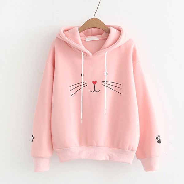 

women hoodies autumn winter cat printing shirt long sleeve hooded pullover hoodies sweatshirt casual loose women hoodie 2019, Black