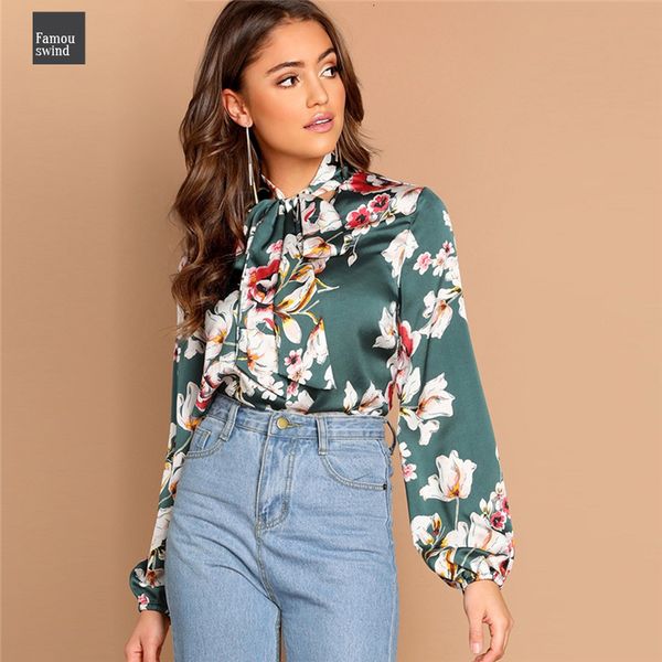 

зеленый tie блуза полиэстер шеи цветочные стенд воротник с длинным рукавом современная леди 2019 весна женщины streetwear осень минималистск, White