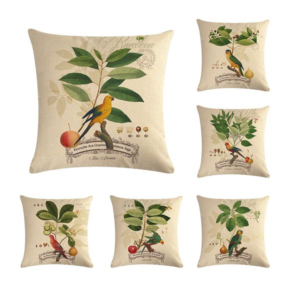 

fruit leaf parrot tropical bird pillowcase decoration nostalgic green square cushion cover home coffee pillow case sofa cushions