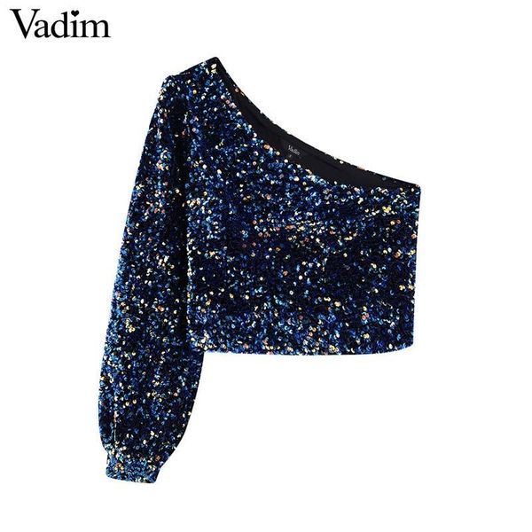 

vadim womne fashion sequined shinny blouse single shoulder stretchy side zipper female party wear crop blusas lb724, White