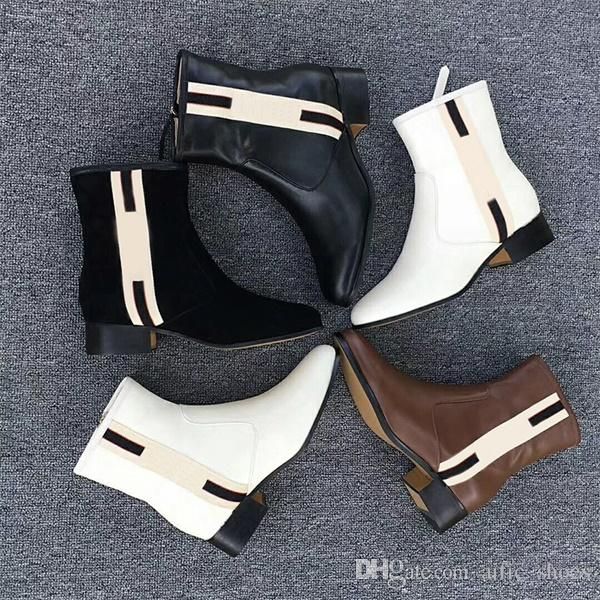

luxury women ankle boots designer shoes stripe leather boot real leather ankle boot with web band chelse boot fashion western boots us11, Black