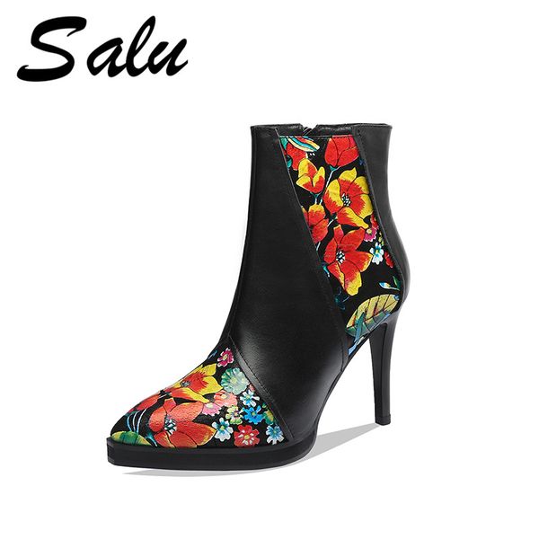 

salu fashion boots women ankle boots autumn winter warm genuine leather high heels shoes party dancing shoes woman, Black