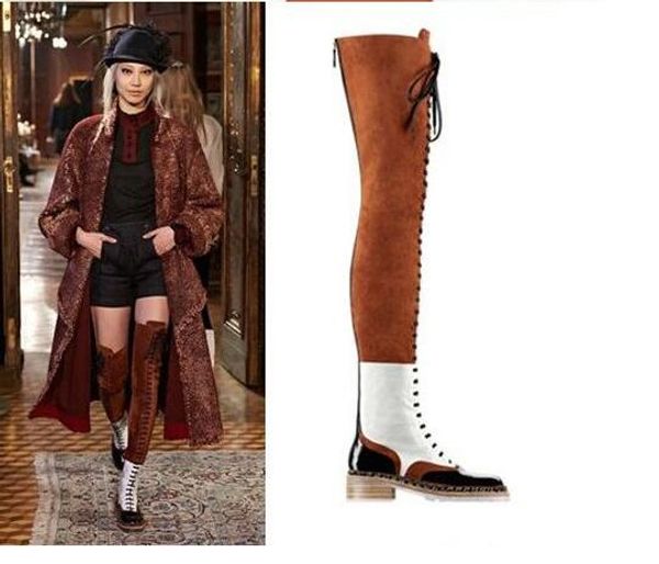 

2019 autumn/winter european fashion mixed color women over-the-knee boots lace-up leather&suede patchwork flat high boots women, Black