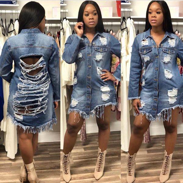 

plus size women jacket long style ripped hole jeans jackets single breasted autumn female coats turn-down collar outwear, Black;brown