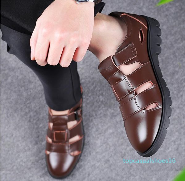 

2020 summer mens slippers genuine leather sandals outdoor casual men leather sandals for beach shoes hombre hollow aerated shoes t16, Black