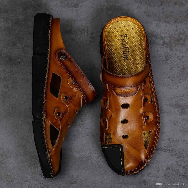 

genuine leather designer riveted sports luxury diamond brand male leisure sandals flip flops outdoor beach casual shoes slipper, Black