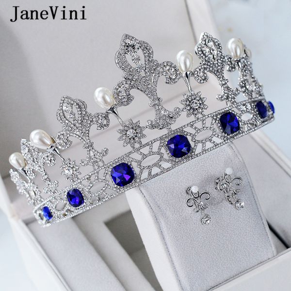 

janevini vintage royal blue bridal tiaras with earrings fashion queen crowns headpiece crystals wedding jewelry hair accessories, Golden;white