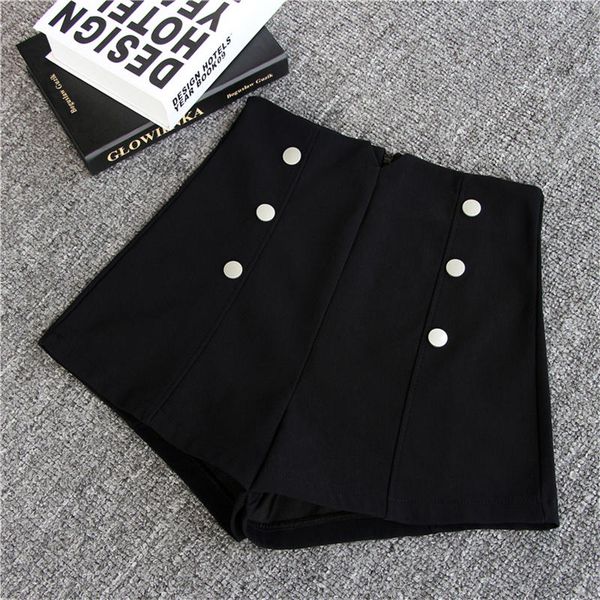 

women's shorts spring summer mini women elastic a-line high waist female casual button black wide leg woman solid q2660, White;black