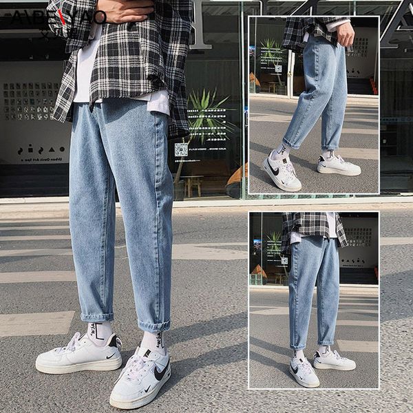 

2020 spring and summer new men's jeans youth casual street denim cropped pants authentic men's clothing, Blue