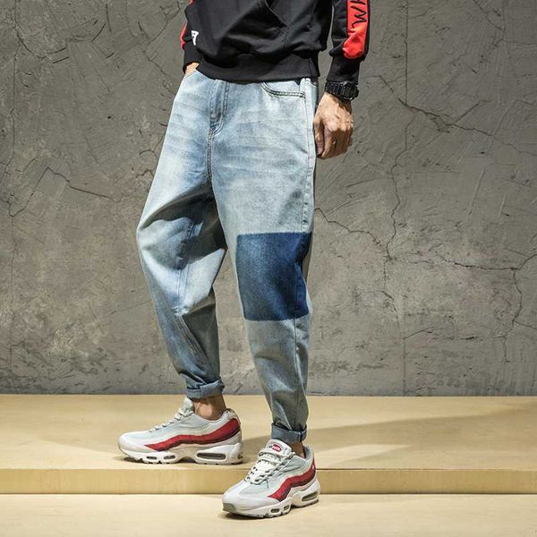 

casual men's cargo pants loose retro male jeans pants solid color washed patchwork denim trousers harem blue 28-42