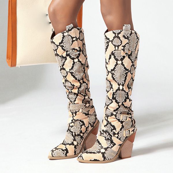 

snake print leather knee-high boots for womens buckle high heel shoes cowboy knees high boots plus size 43 otas mujer invierno, Black