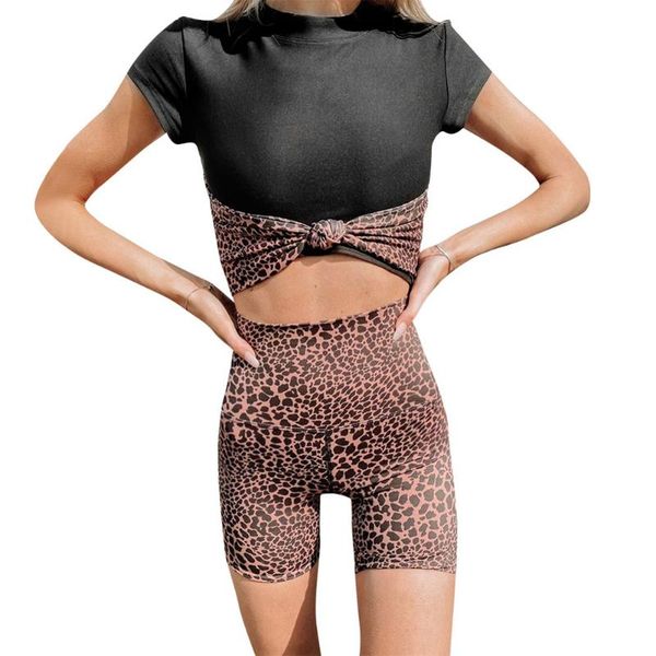 

women sportswear set round collar leopard print cropped shorts slim outfits jogging clothing fitness sportswear set, White;black