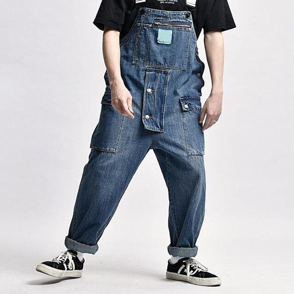 

men loose overalls jumpsuit mens jumpsuit hip hop suspender jeans male casual overall big pockets rompers, Blue