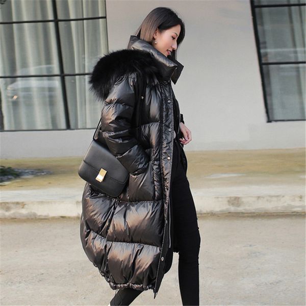 

winter new fashion women's down coats jackets female long white duck down coat with natural fur collar thick oversized jacket, Black