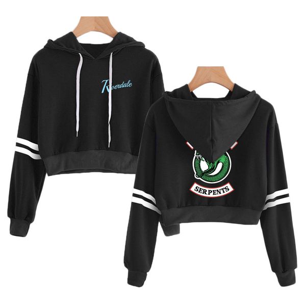 

bts riverdale sweatshrts women striped crop hoodie south side serpents hooded pullover hip hop streetwear drop shipping, Black