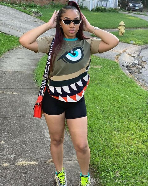 

womens two piece pants shorts fashion big shark print females 2pcs sets designer casual donna suits, White