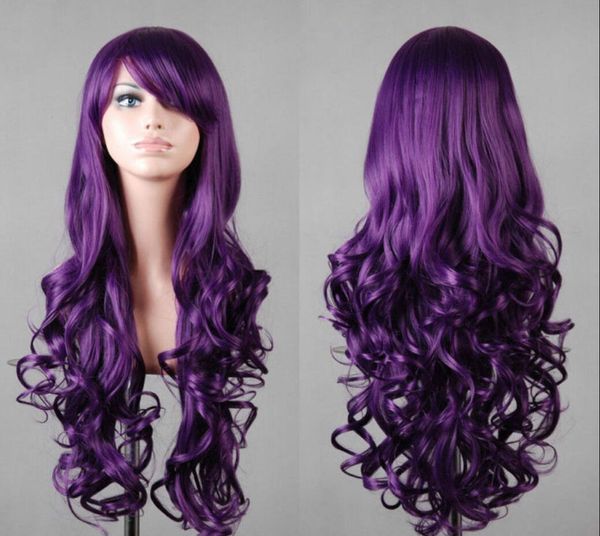 WIG ZCD HOT Parrucca da signora con capelli sani e ricci lunghi viola scuro alla moda