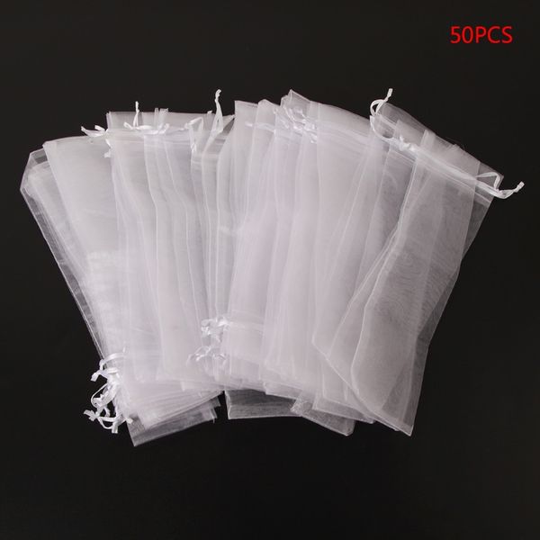 

50 pcs white drawstring organza folding hand fan pouch party wedding gift bags e65b