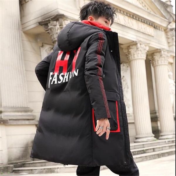 

men's winter mid-length mix-color warm coat thickened hoodie comfortable cotton-padded brief jacket, Black