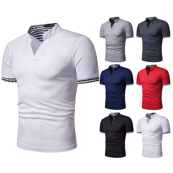 

men's wear 2020 new style fashion henry collar plaid mixed colors men's short-sleeve lapel t-shirt d32, White;black