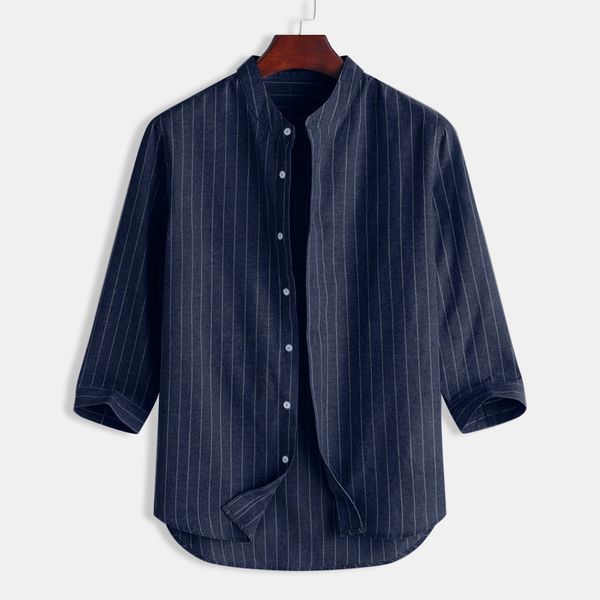 

feitong summer men's casual striped stand collar 7 points sleeve button cotton shirt linen shirt male, White;black
