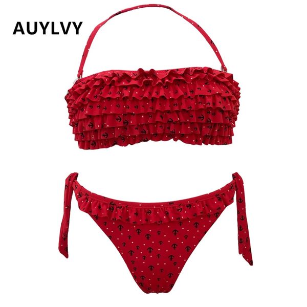 

auylvy biquini 2019 ruffled swimsuit women ruffled bandage split halter shower swimwearset beachwearprint ruffle bikini push up
