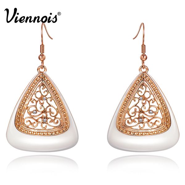 

viennois new fashion rose gold color long dangle earrings for women rhinestone hollow flower enamel drop earrings jewelry, Silver