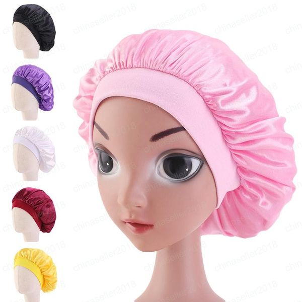 

kids girl satin night sleep cap hair care bonnet hat head cover wrap solid color protect wide band hats beanies skullies fashion, Blue;gray