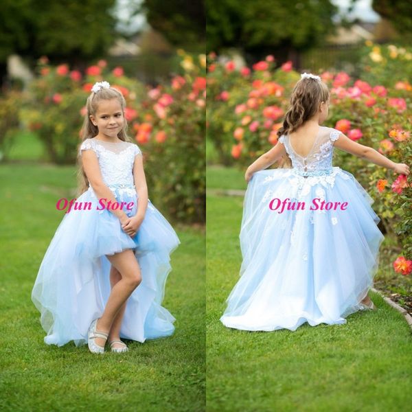 

new fashion light blue flower girl dress high low lace tulle backless wedding princess girls pageant dress for party birthday wear, White;blue