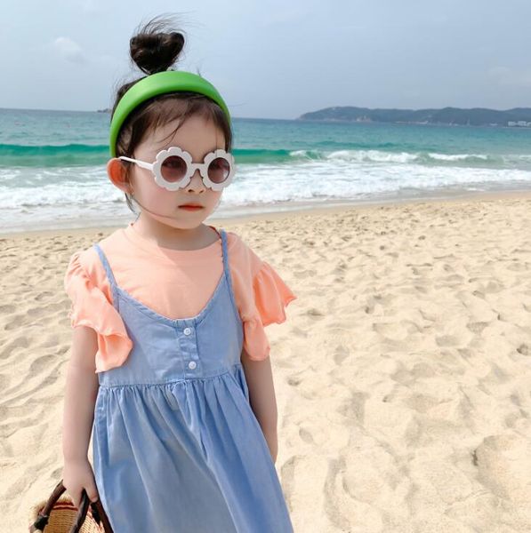 

2020 korea style baby girls 2pcs set t-shirt+denim vest dress summer kids girls suits 1-6 years, White