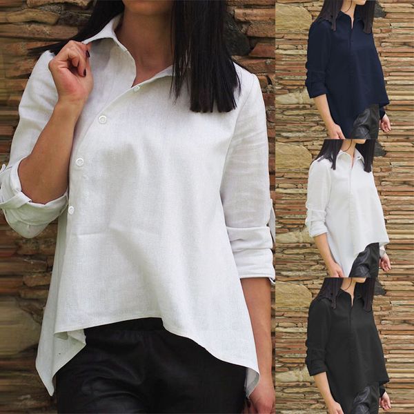 

zanzea office lady work tunic 2019 fashion women cotton solid shirt asymmetrical buttons blusas chemiser mujer plus size, White