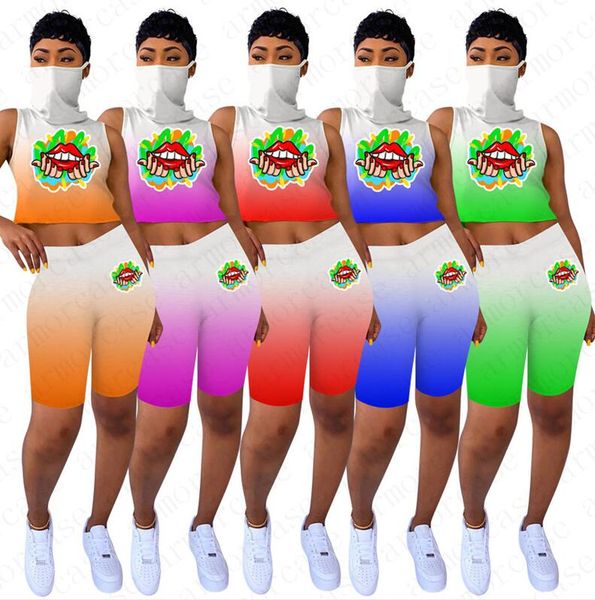 

designer women summer outfits lips tracksuits sleeveless vest with face mask biker shorts gradient color sports set jogging clothes d52801, White