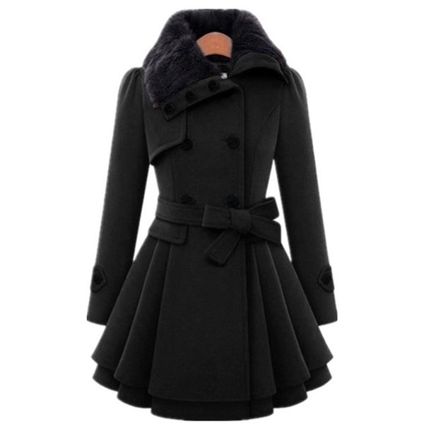 

women ladies warm winter lapel collar coat slim overcoat jacket outwear, Black