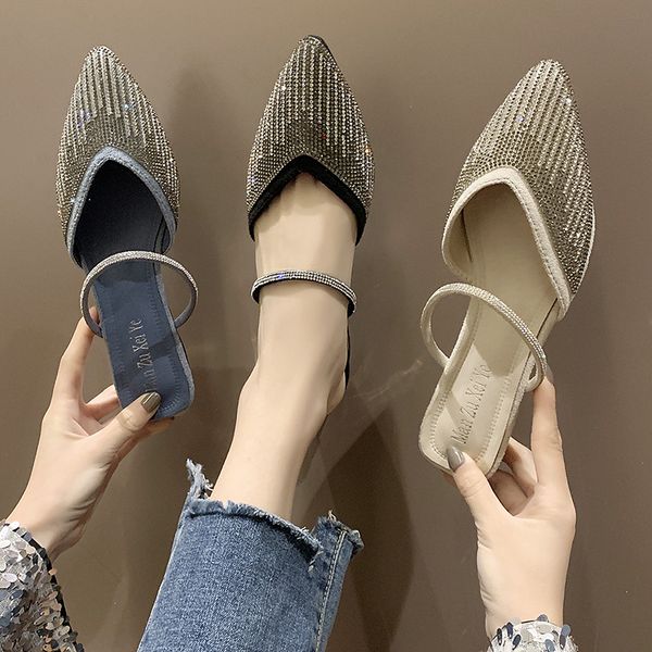 

female shoes slippers casual cover toe slides med mules for women 2020 jelly flip flops low new pointed summer glitter, Black