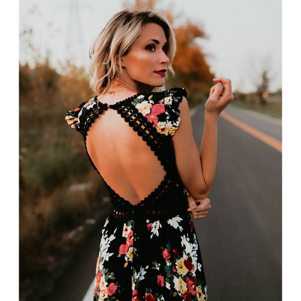 

elegant flower print lace maxi vestidos deep v neck backless summer dress women boho asymmetrical long dress, Black;gray