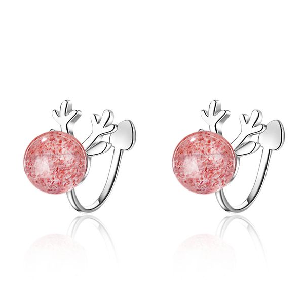 

fashion gold elk ear clip female cute antlers natural pink strawberry crystal ear stud earrings for women gifts ing, Golden;silver