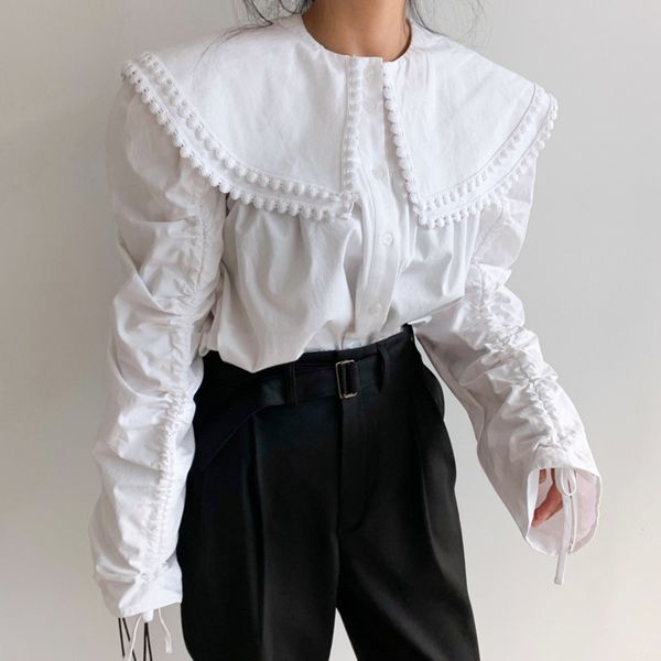 

deat] 2020 осень женская блузка корейский досуг стиль полный рукава большой pater пан воротник шифон фонарь рукава сыпучие aq502, White