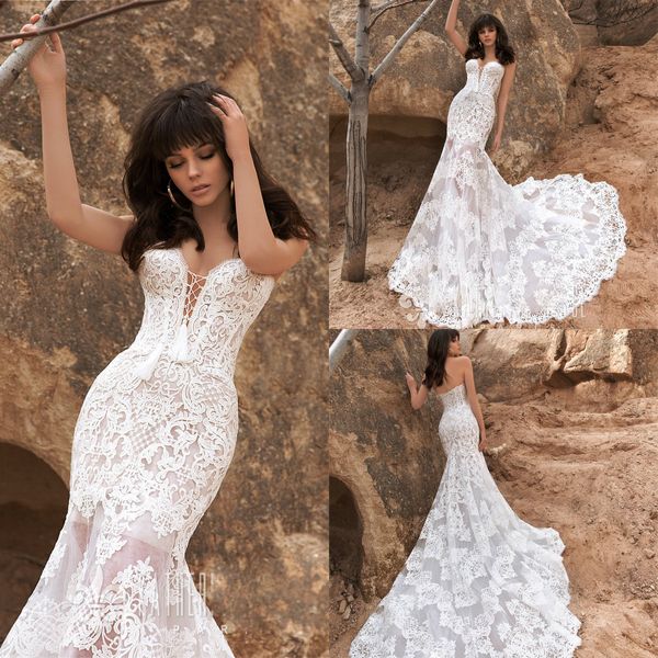 

graceful lace mermaid wedding dresses sweetheart neckline wedding gowns sweep train luxury sleeveless mermaid bridal gowns, White