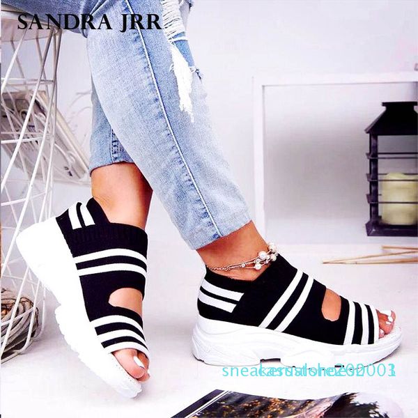 

sandra jrr women sandals summer wedges heel knit fabric shoes peep toe slip on stretchy shoes summer sneakers plus size female s03, Black