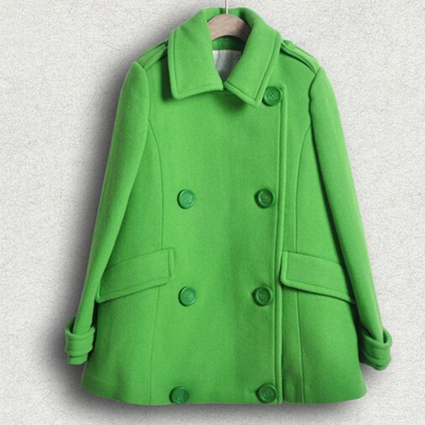 

wool coat female 2016 green color solid coats women autumn double breasted turn-down collar overcoat casual outerwear c8111, Black