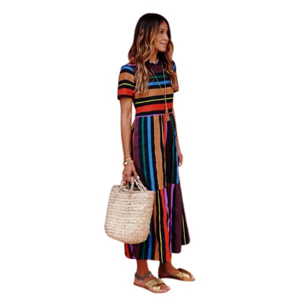 

women fashion rainbow striped long dress ladies o neck short sleeve casual loose hem patchwork dress summer bohemian beach ele, Black;gray