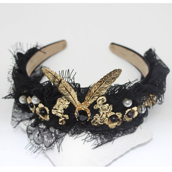 

весна лето взлетно посадочная полоса барокко филигрань кружева ленты для волос бантом широкий глубокий черный бархат d; atmp g оголовье аксе, Golden;white