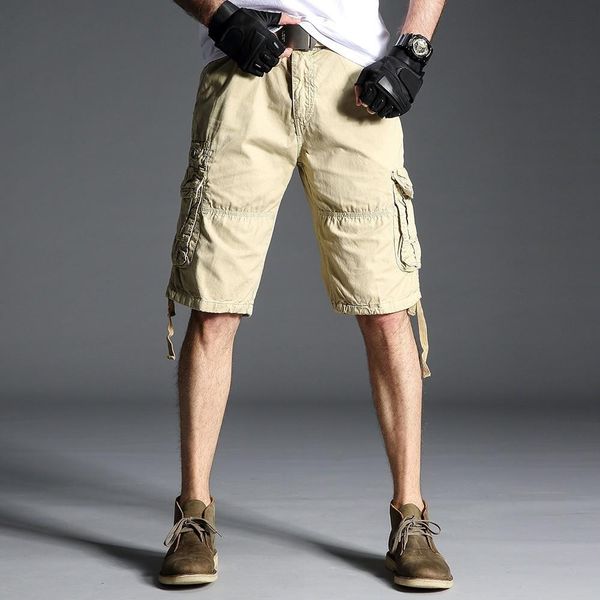 

men summer new casual multi-pocket camouflage cotton cargo shorts men solid loose camo knee-length fashion hip pop shorts, White;black