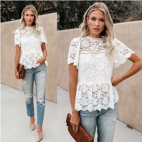 

women's t-shirt fashion lightweight short flowy sleeves glam white lace peplum top