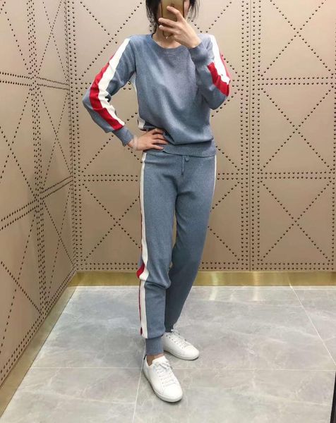 

2018 cotton polyester full o-neck drawstring women's suit new fashion casual bright line 2 piece set sweat suits women, White