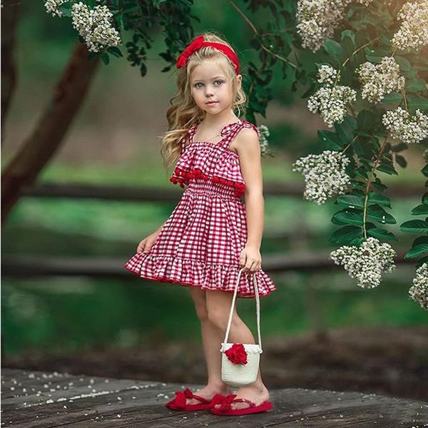 

muqgew 2019 toddler kids baby girls condole belt tassel plaid skirt princess dresses clothes new arrival, Red;yellow
