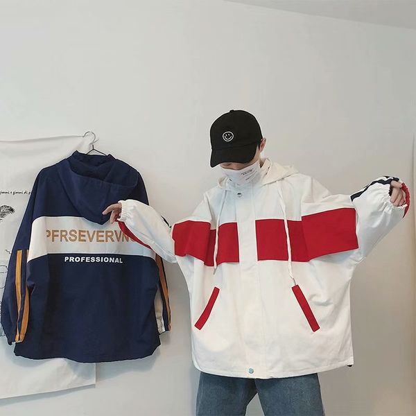

spring 2019 hip hop windbreaker fashion jacket oversized mens block jacket coat zip track streetwear stree style coat, Black;brown