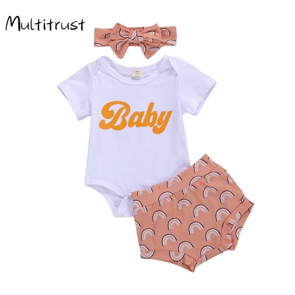 

clothing sets born baby girl outfits set summer short sleeve infant romper raninbow print shorts headband suit, White