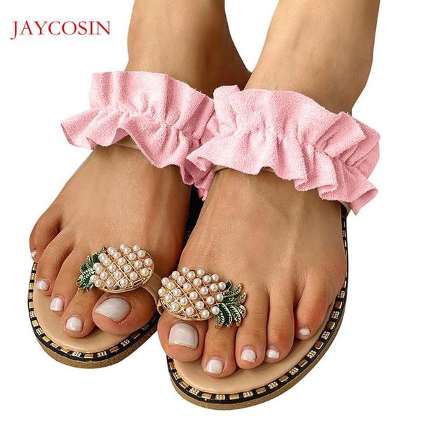 

slippers jaycosin women shoes fashion pineapple print flat sandals summer beach bohemian open toe pink female f15, Black